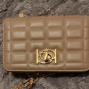 bebe Quilted Beige Clutch with Gold Chain